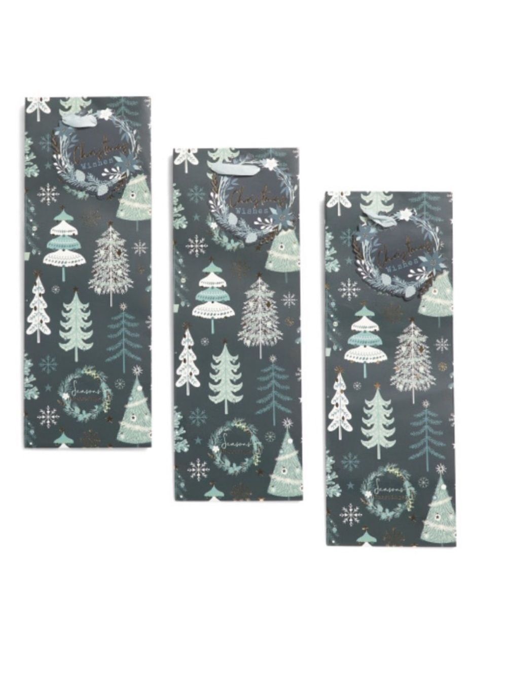 Green Paper Christmas Tree Print Holiday Gift Wine Bags 3 pk Green White Gold
